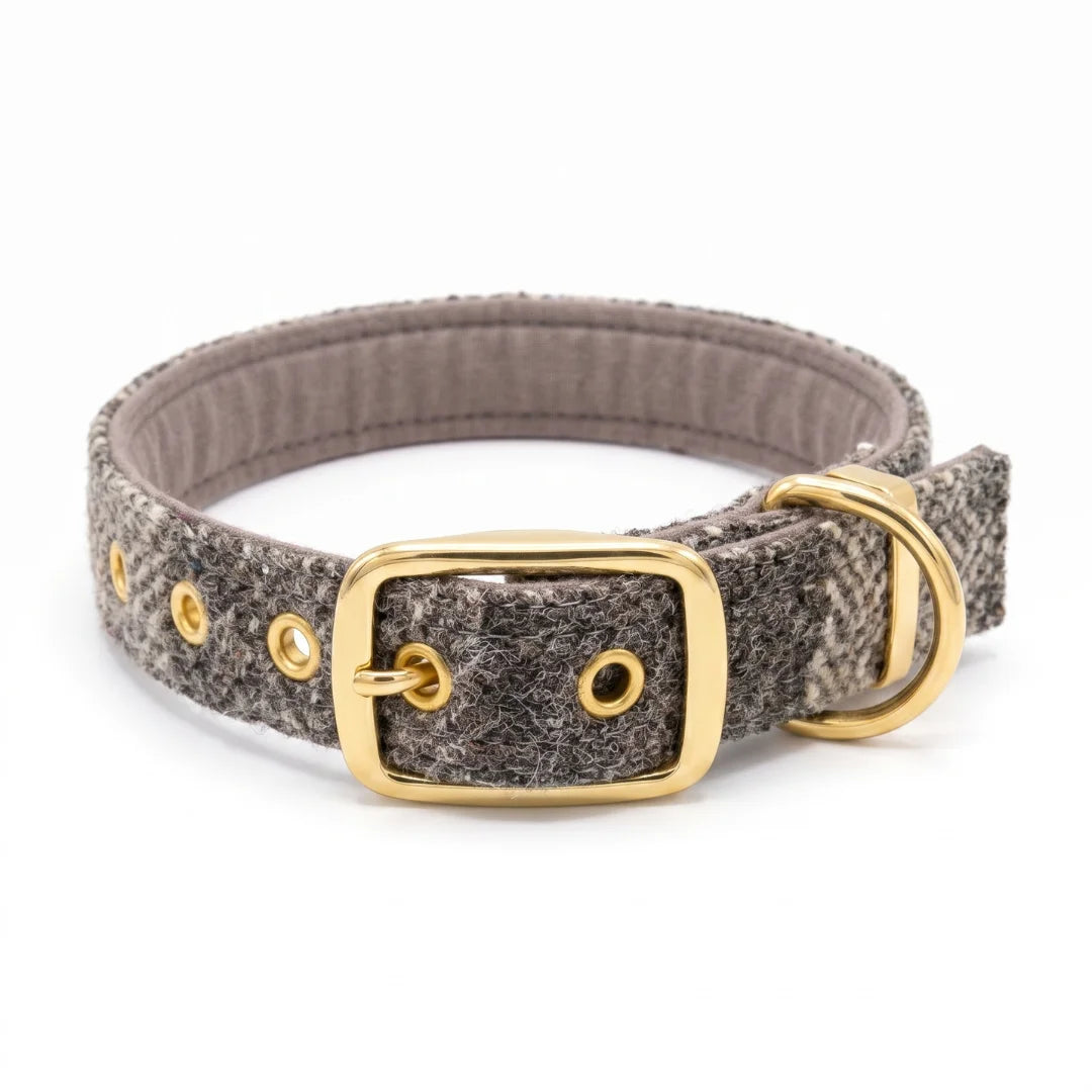 stone check harris tweed dog collar with gold metal buckle on white background