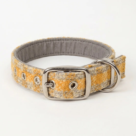 A textured tweed dog collar in yellow, gray, and white with a silver-tone buckle and metal hardware, shown on a clean white background.