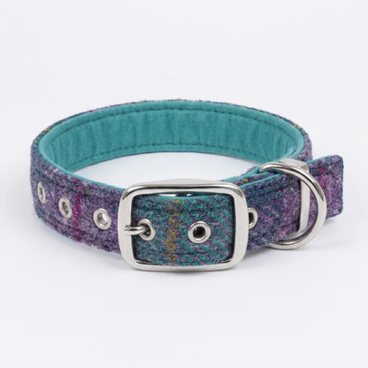 teal and lilac check harris tweed buckle dog collar