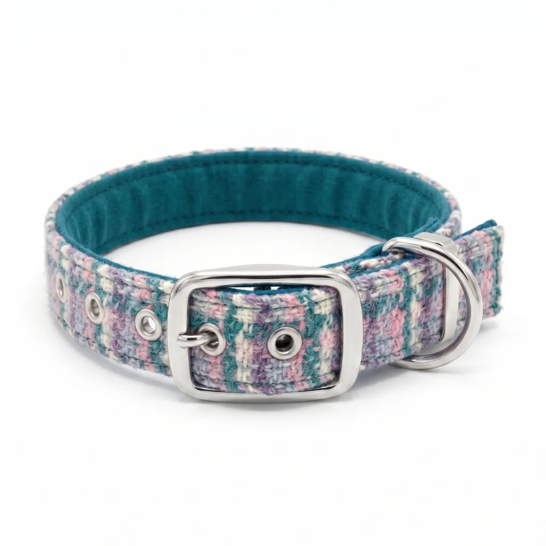 lilac purple and teal houndstooth buckle collar in harris tweed material on white background - front view
