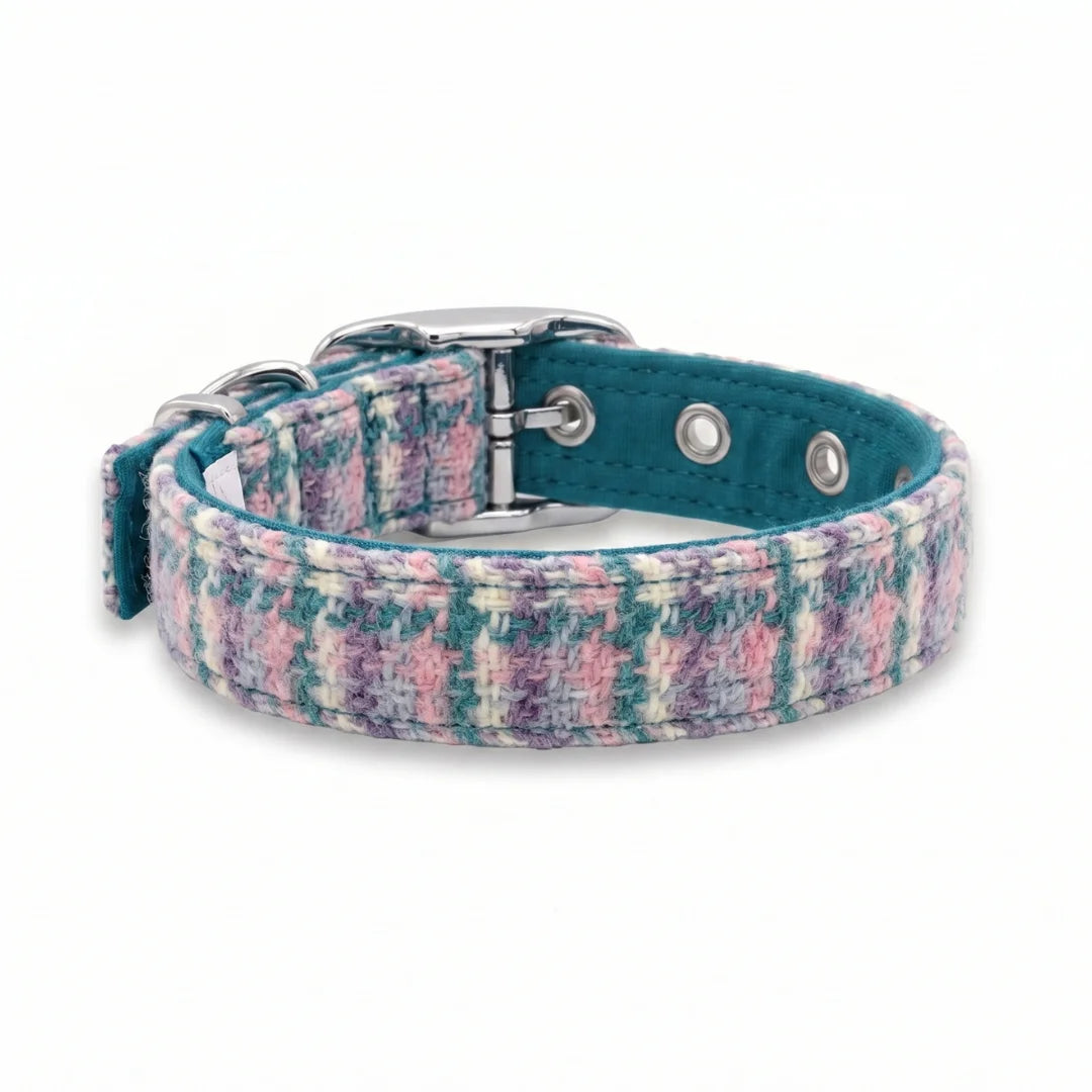 lilac purple and teal houndstooth buckle collar in harris tweed material on white background - rear view