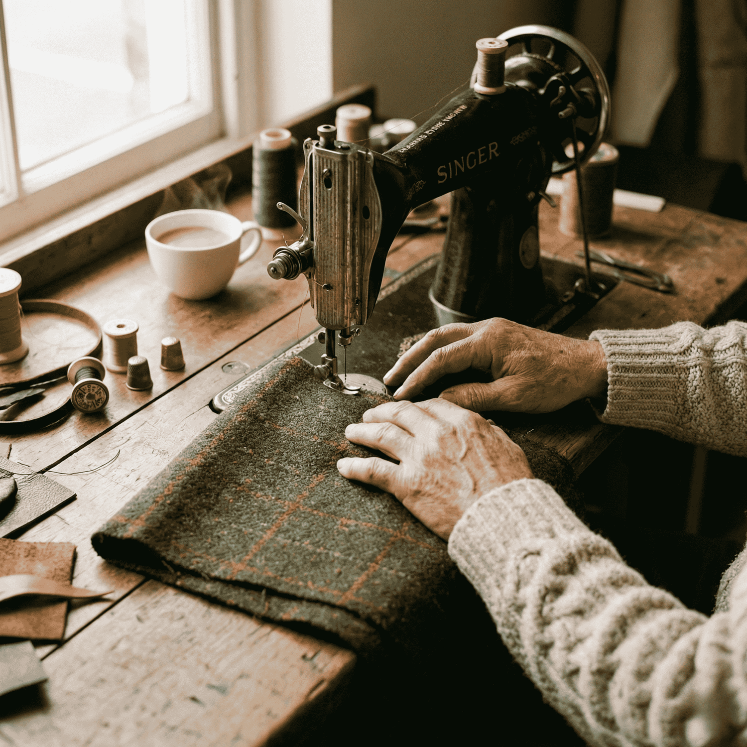 Skilled hands guiding Harris Tweed fabric through a sewing machine in a small Yorkshire workshop, crafting a handmade dog collar