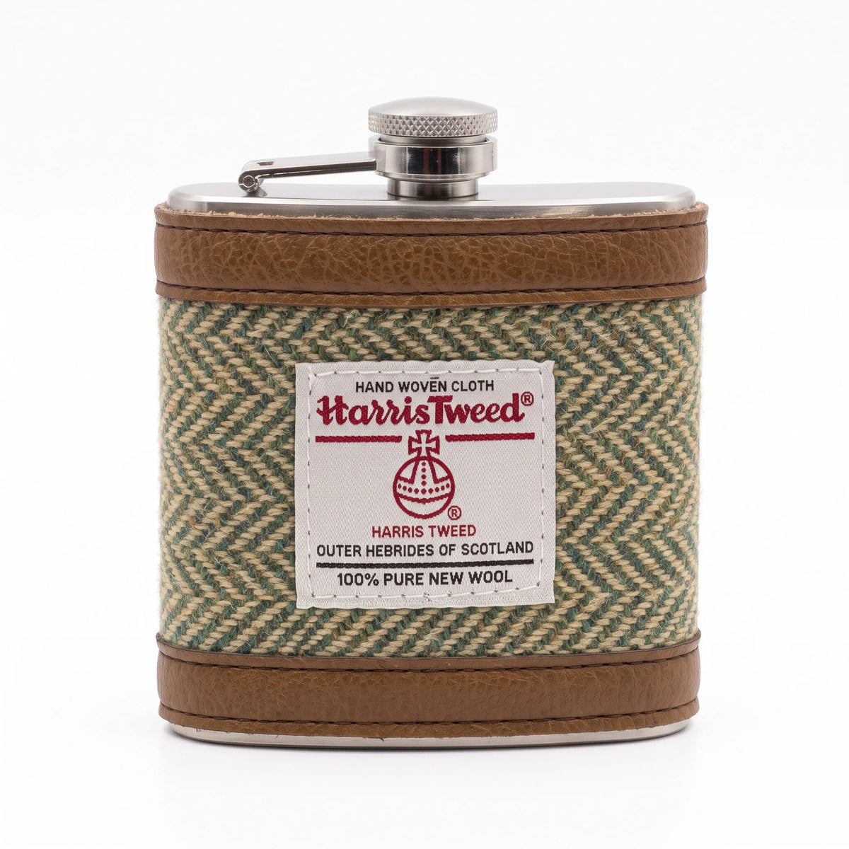Green Herringbone Harris Tweed hip flask with Orb label, 6oz stainless steel with tan faux leather trim, front view