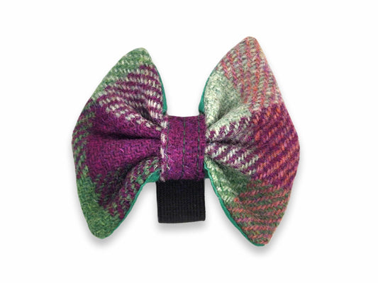 Heather check Harris Tweed dog bow tie with elastic collar loop