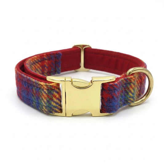 Plaid dog collar with gold buckle on a white background