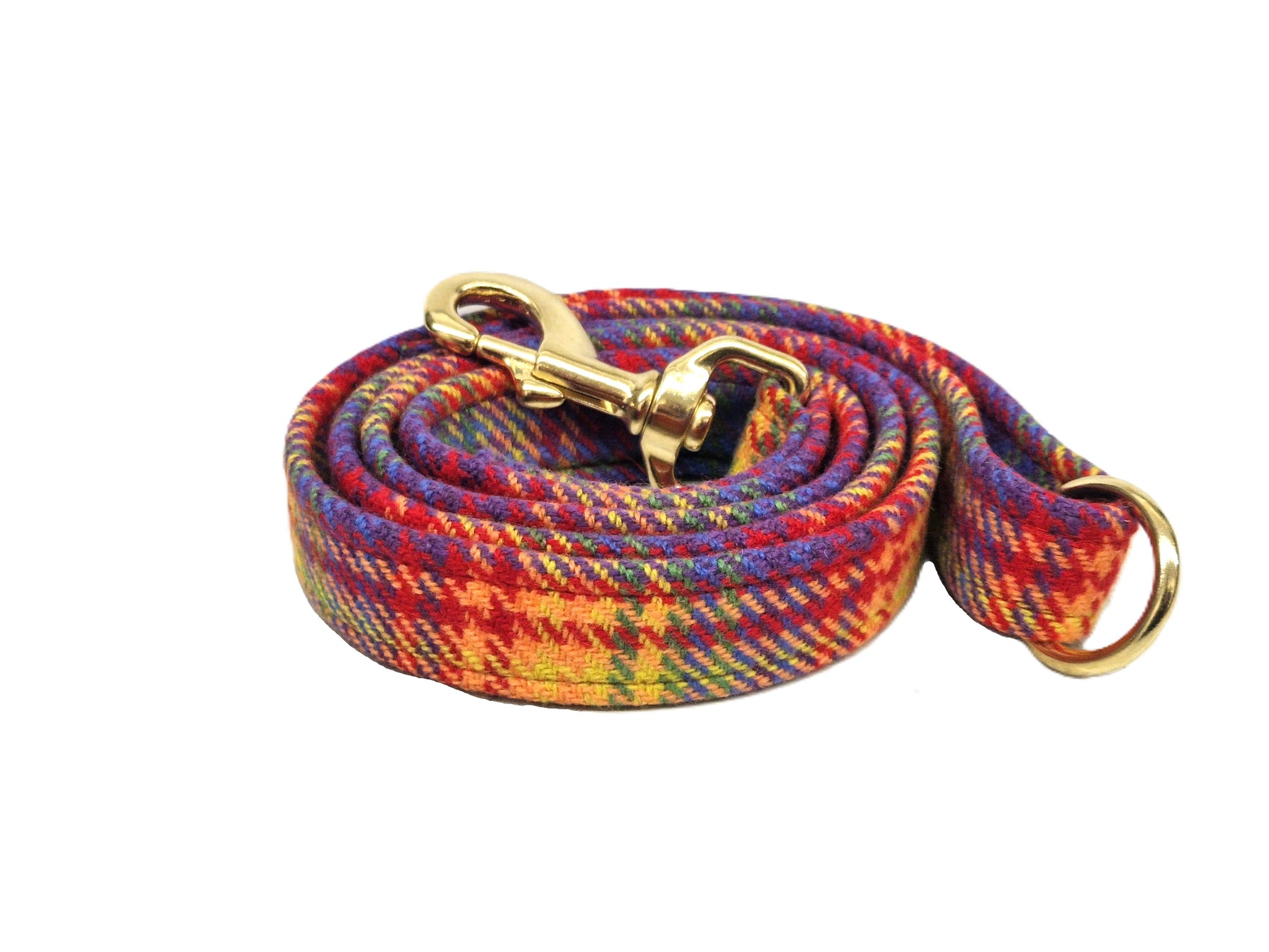 Colorful plaid dog leash with a gold clasp on a white background
