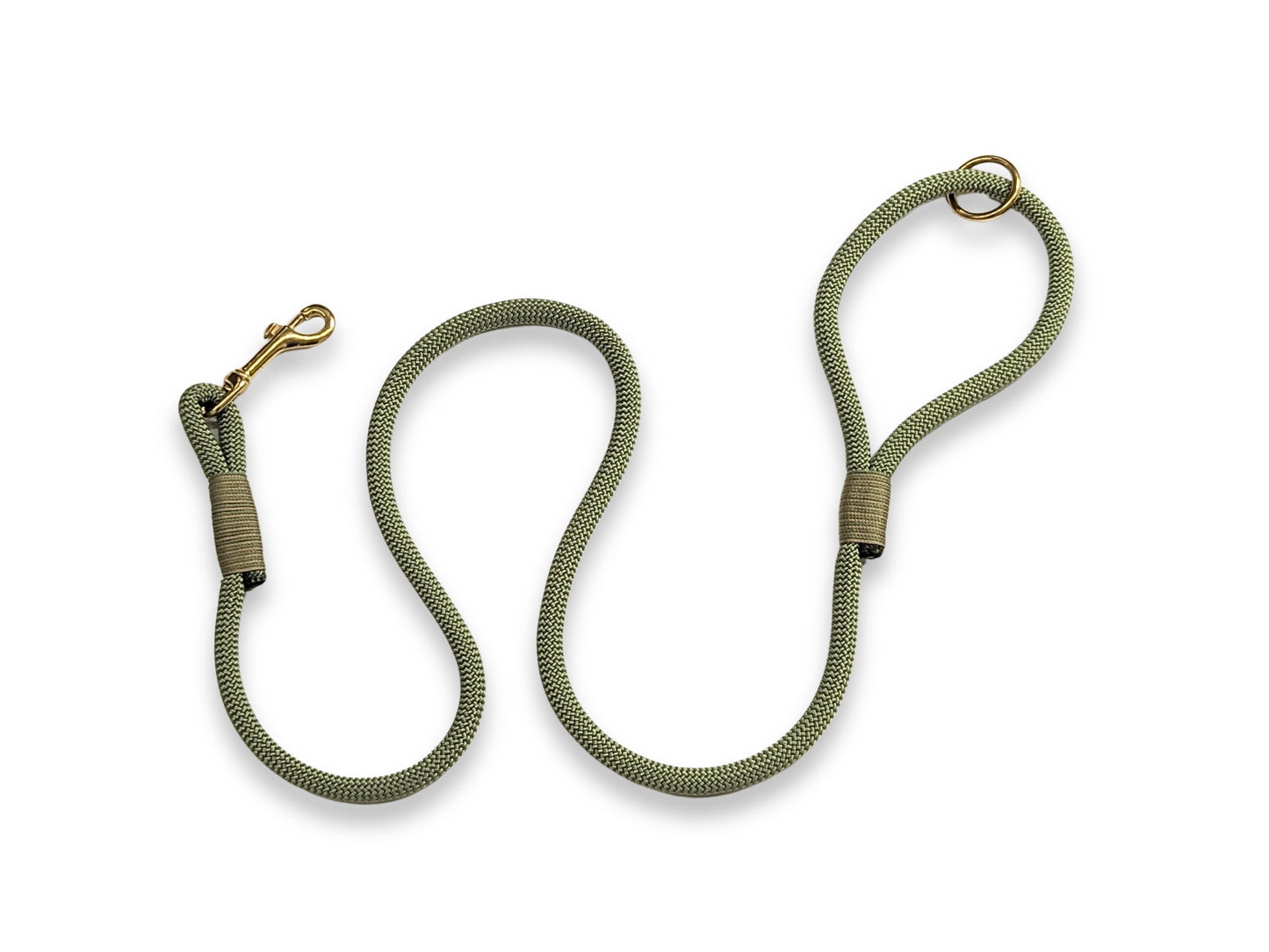 Green rope dog lead with brass clip, handmade in the UK