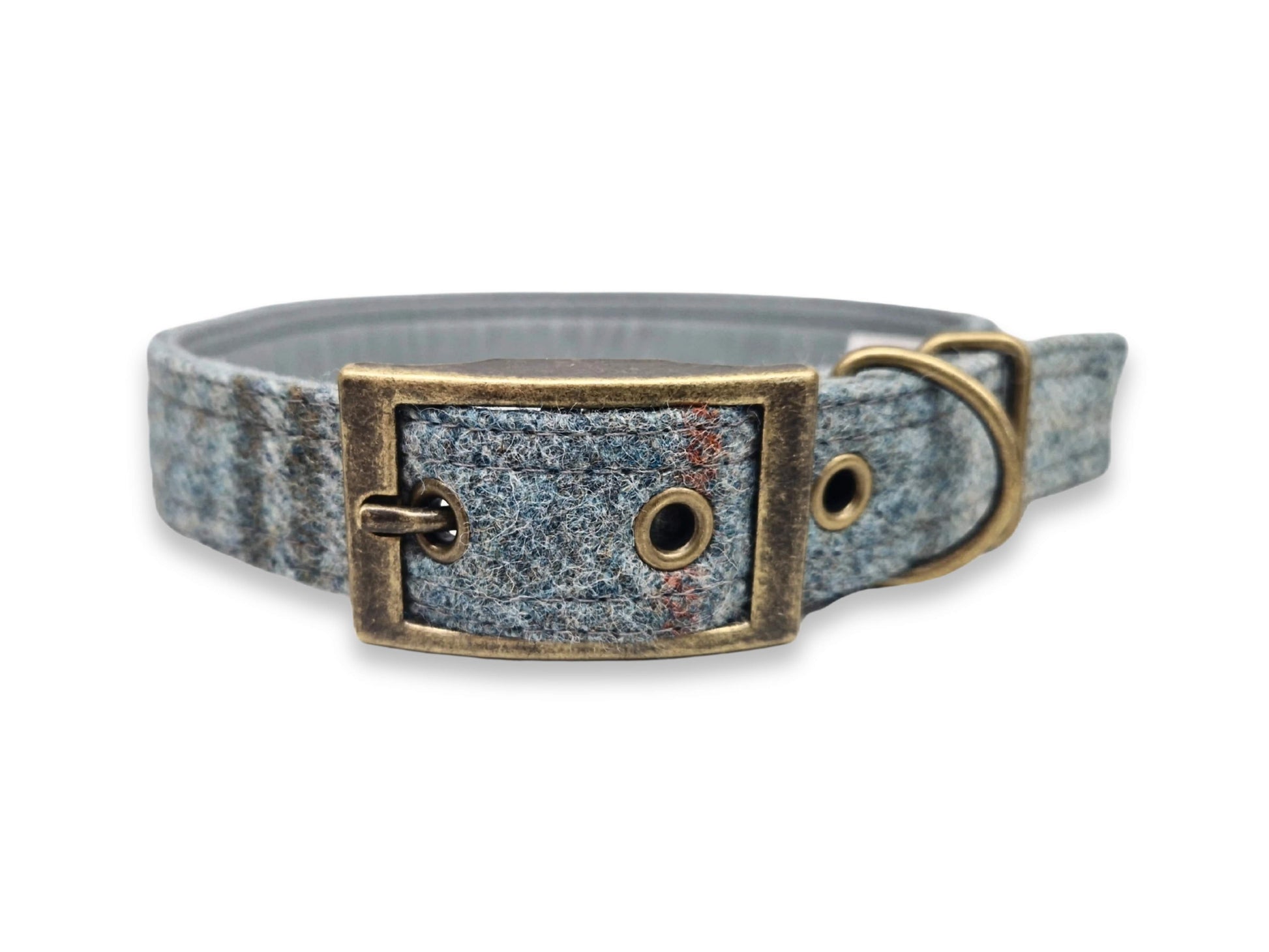 Dog collar with a textured abraham moon fabric design and brass buckle on a white background