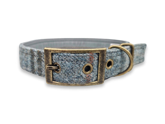 Dog collar with a textured abraham moon fabric design and brass buckle on a white background