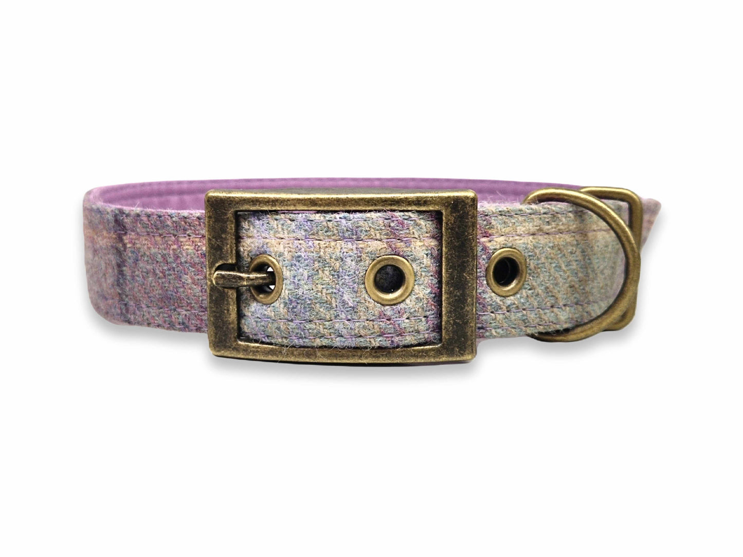 Dog collar with a purple and gray patterned strap and brass buckle on a white background