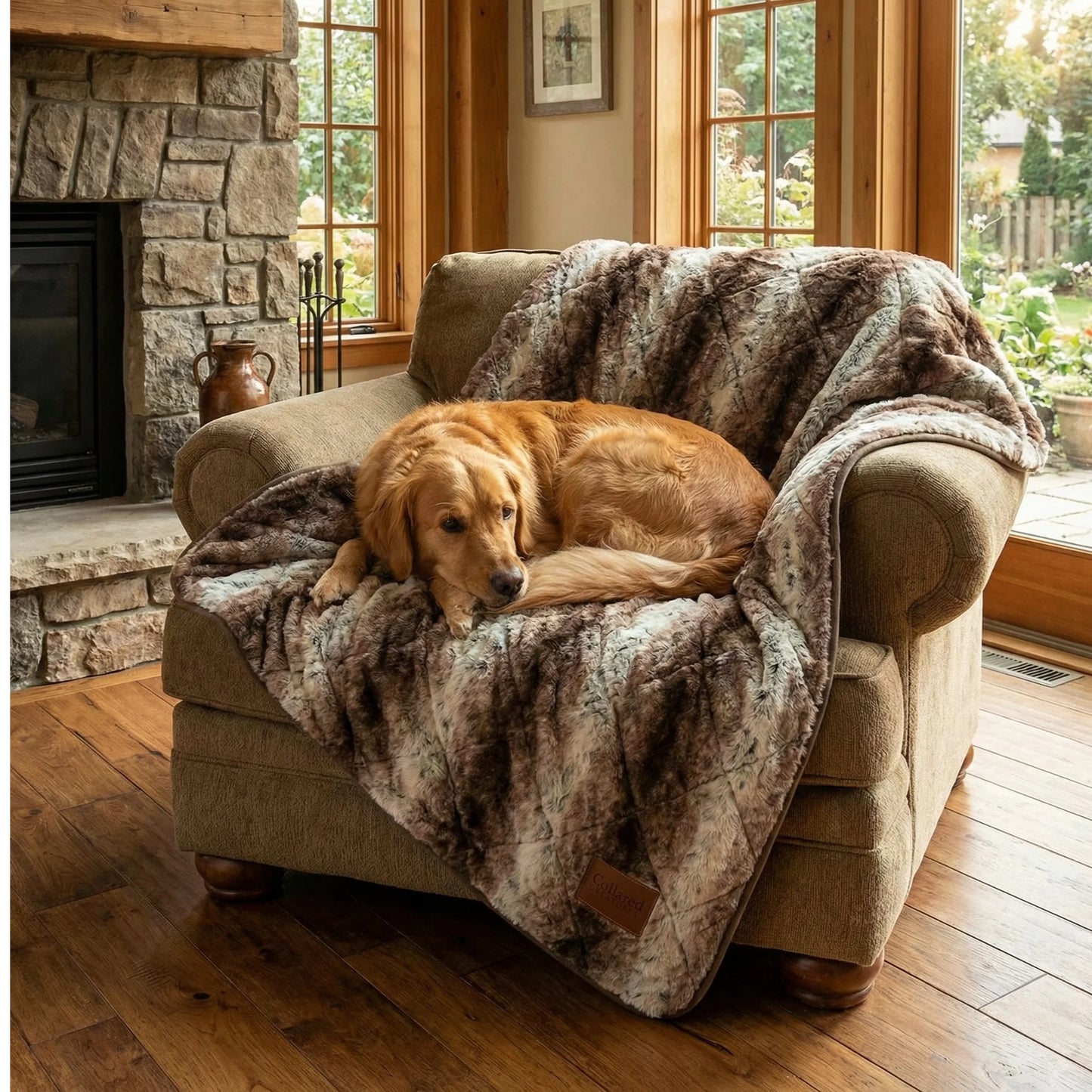 Dog lying on a plush blanket on a beige armchair in a cozy living room.