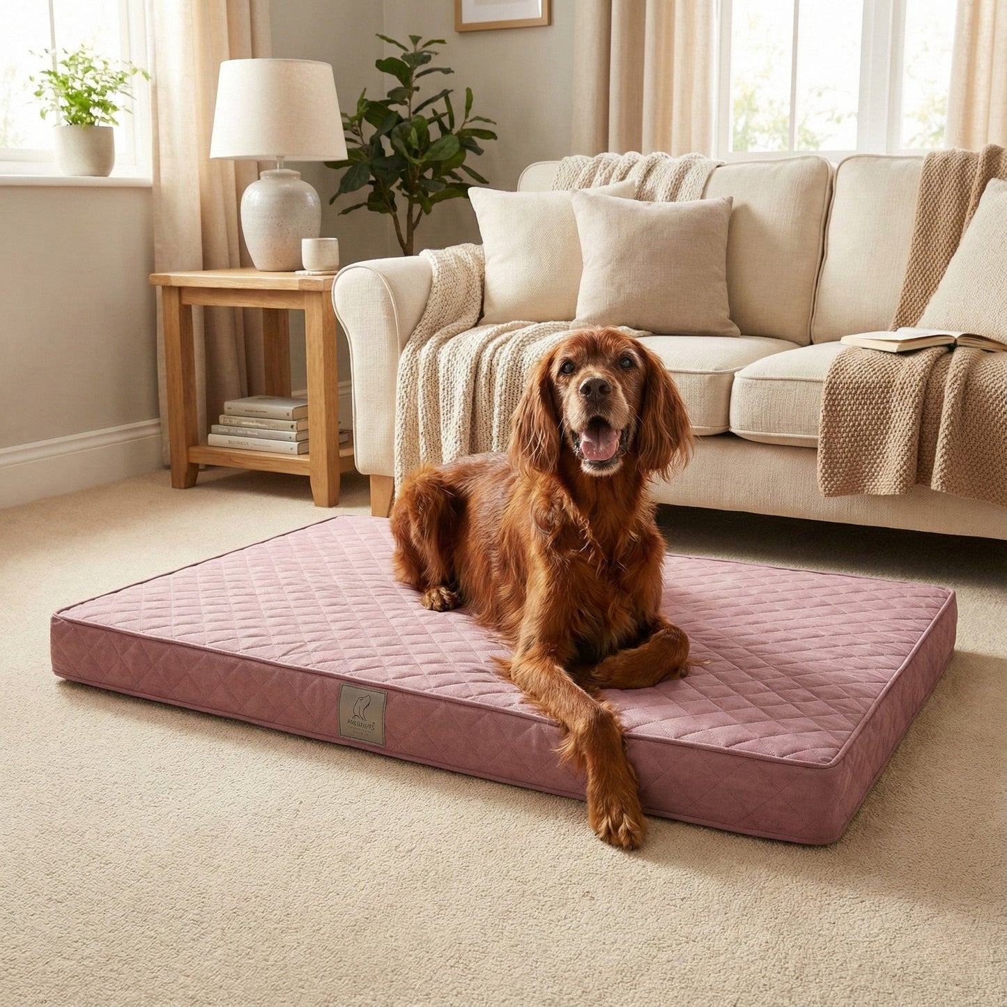 Dog lying on a pink memory foam dog bed in a cozy living room