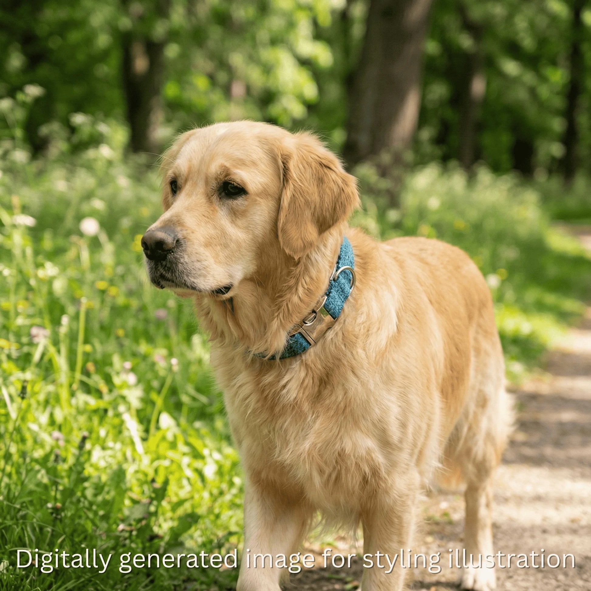 Dog standing on a path in a grassy area with trees in the background