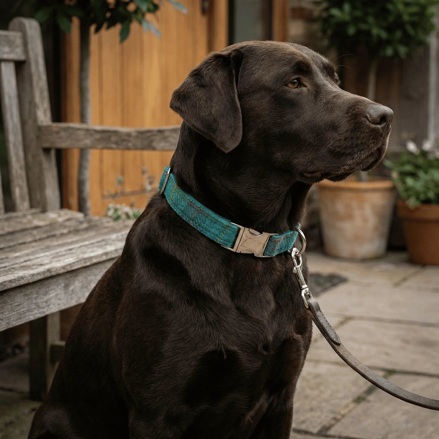 Black dog wearing a teal collar sitting outdoors on a patio.