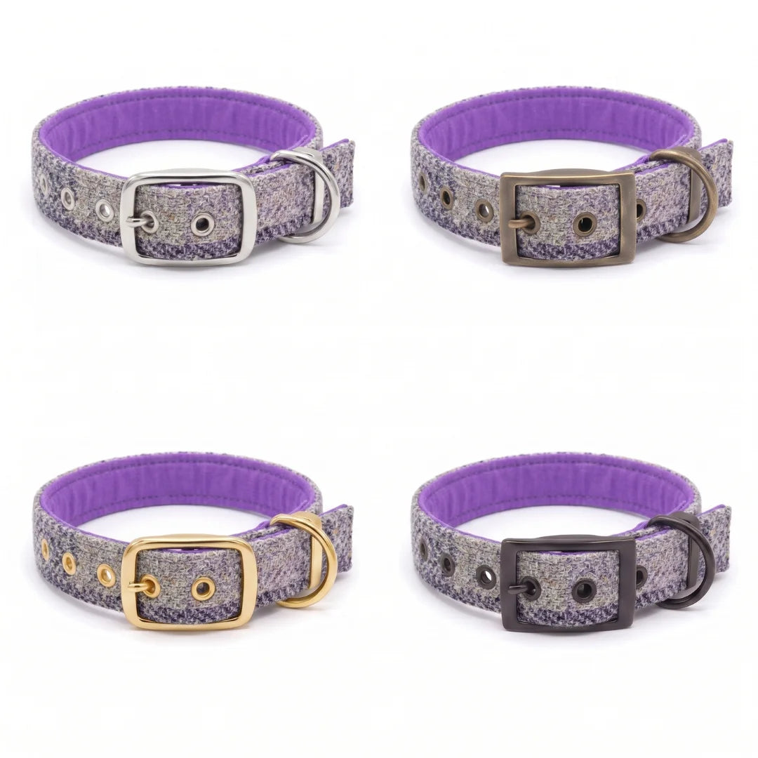 Lavendel Block Check - Schnallenverschluss Luxury Harris Tweed Hundehalsband