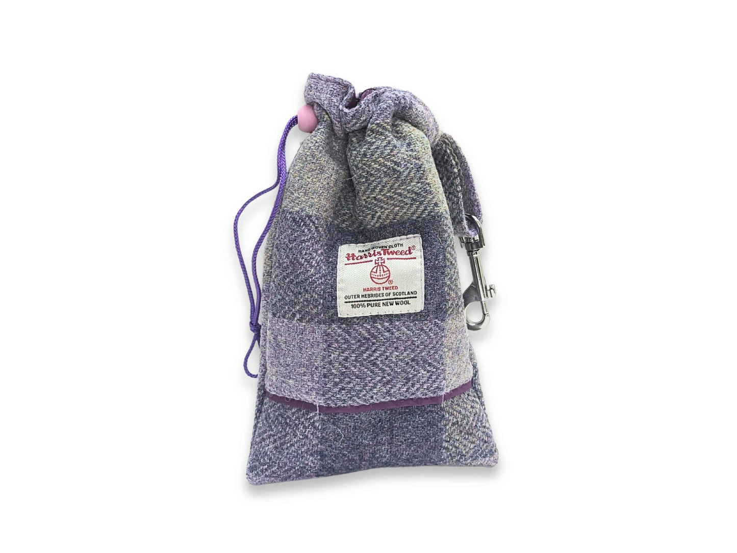 Lavender block check Harris Tweed dog treat bag with built-in poop bag dispenser