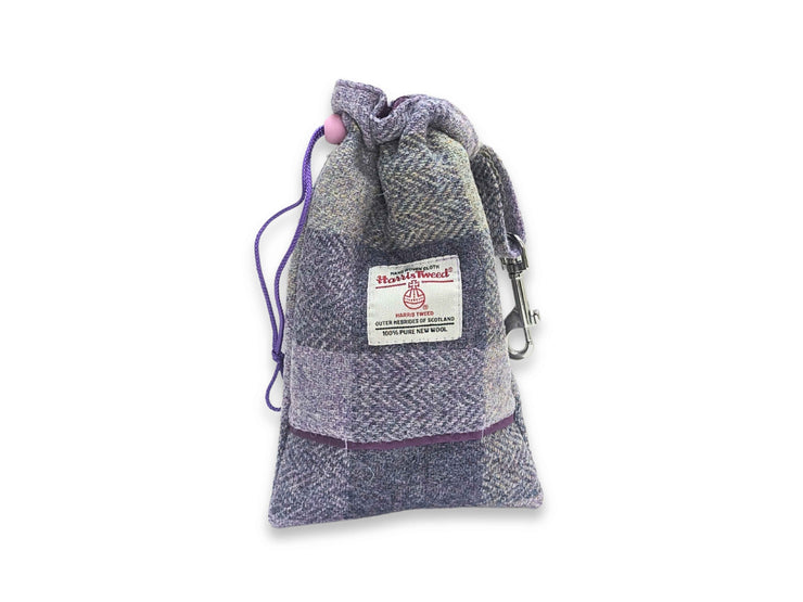 Lavender block check Harris Tweed dog treat bag with built-in poop bag dispenser