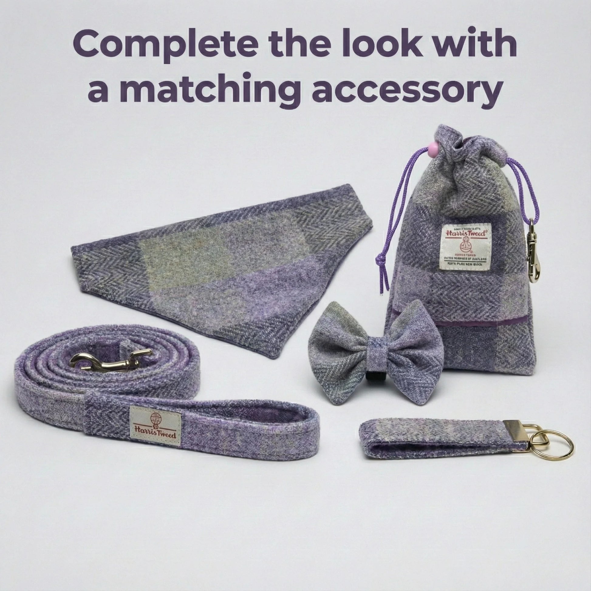 Dog accessory set including collar, bow tie, leash, and pouch on a light gray background.