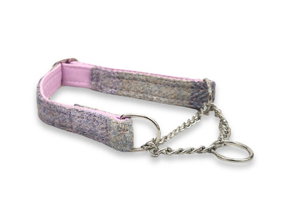 Lavender block tweed half choke martingale dog collar handmade in the UK for gentle control, comfort and secure fit