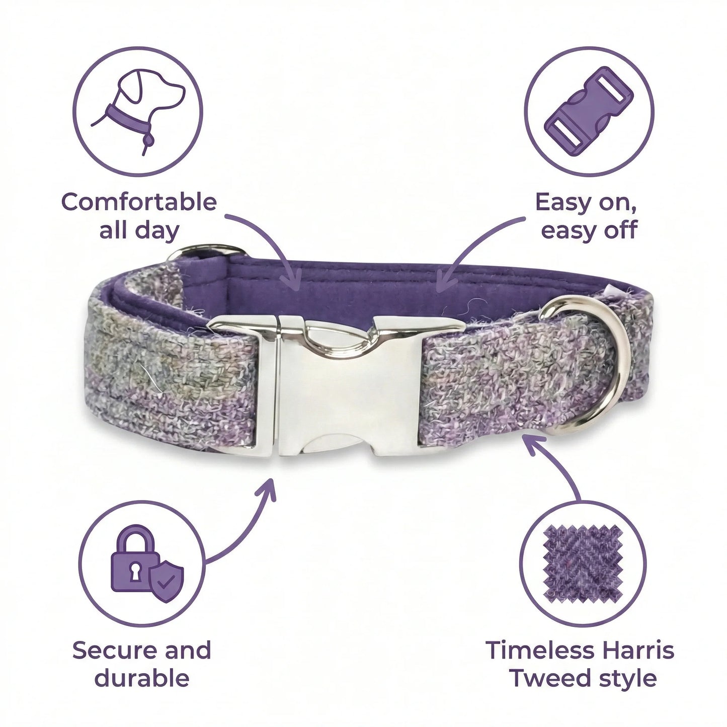 Lavender Block Check Harris Tweed Dog Collar
