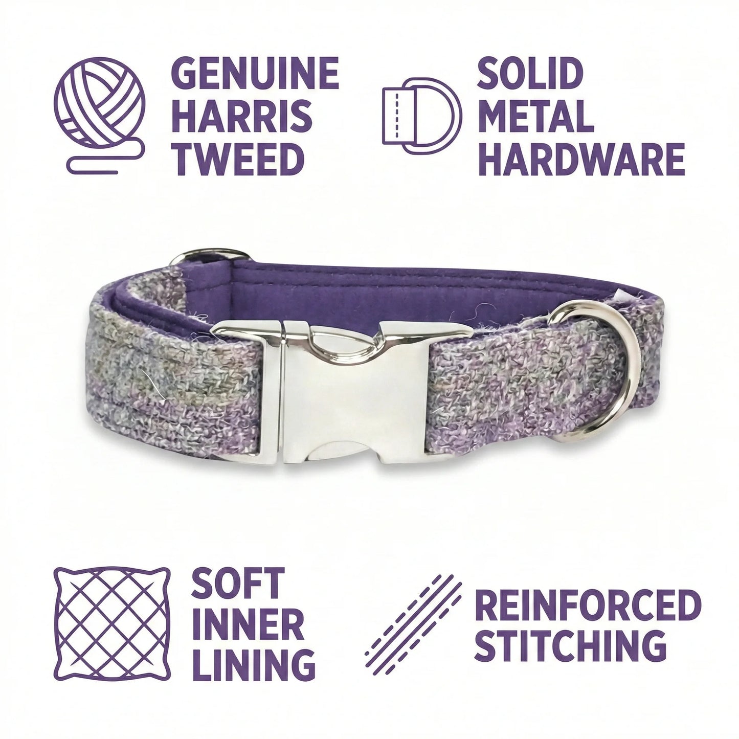 Lavender Block Check Harris Tweed Dog Collar