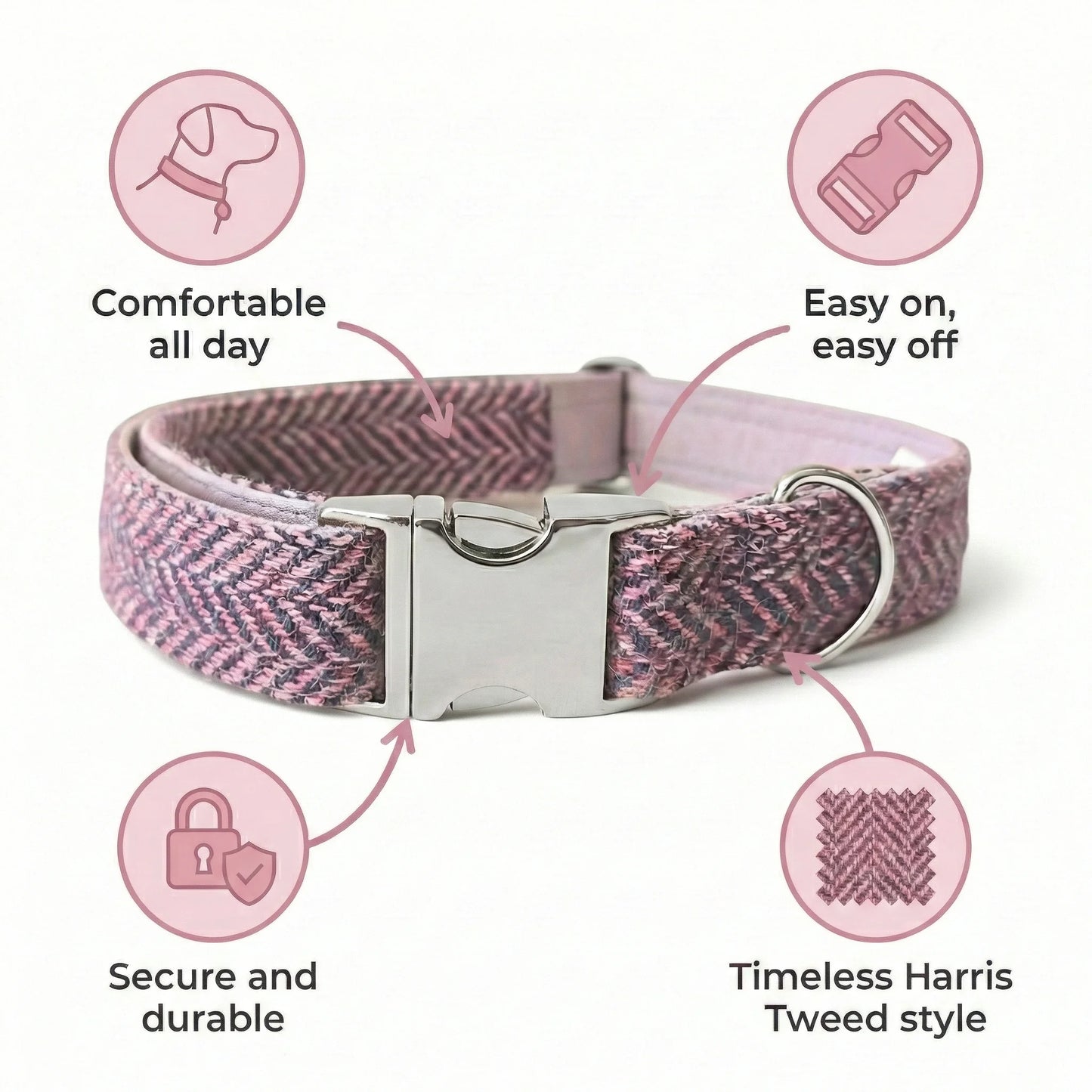 Dog collar with pink and gray pattern on a white background, featuring text about its features.