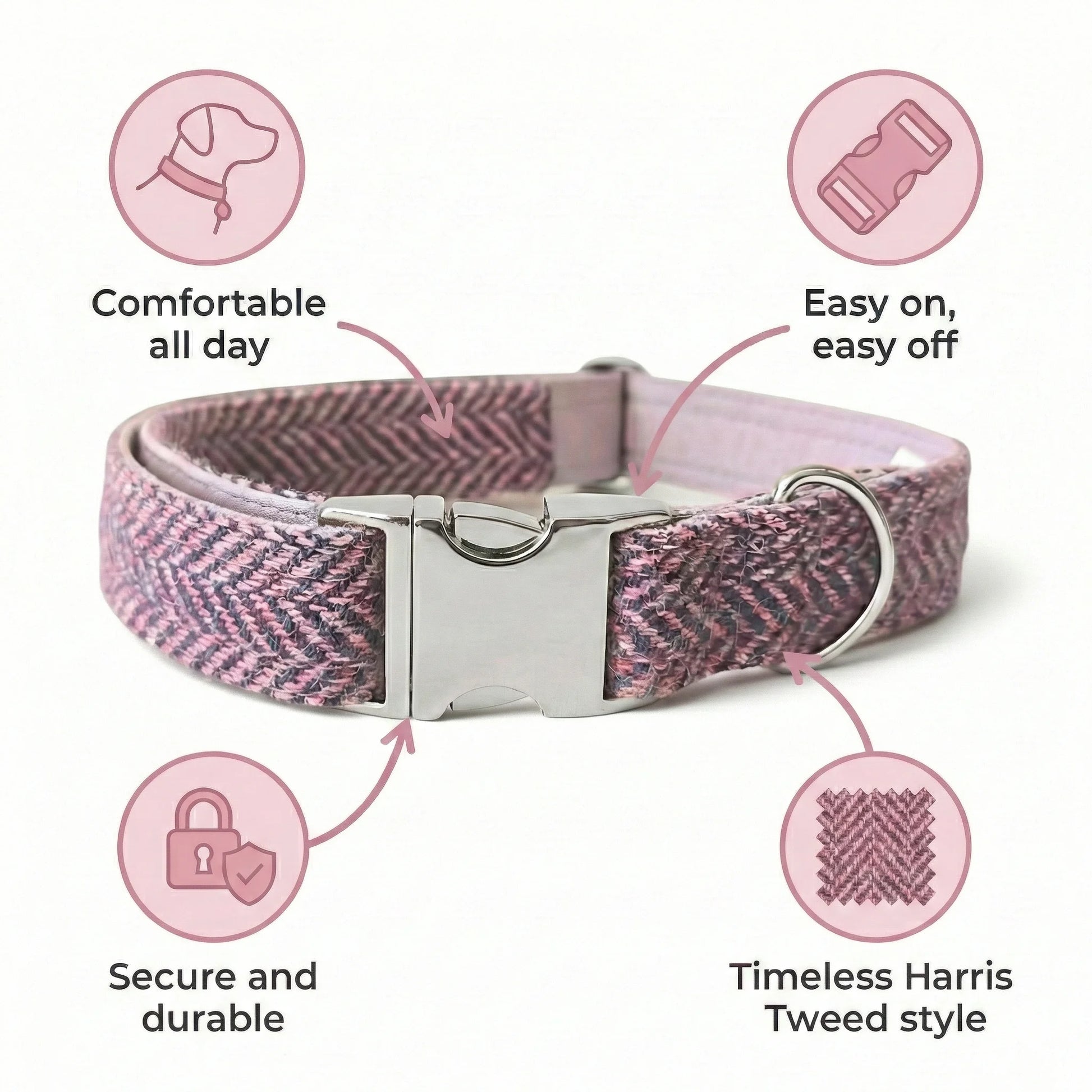 Dog collar with pink and gray pattern on a white background, featuring text about its features.