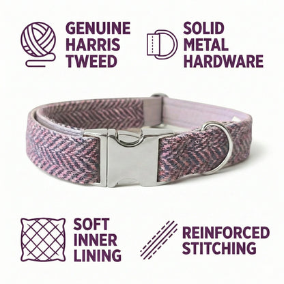 Dog collar with Harris Tweed fabric, solid metal hardware, soft inner lining, and reinforced stitching on a white background.