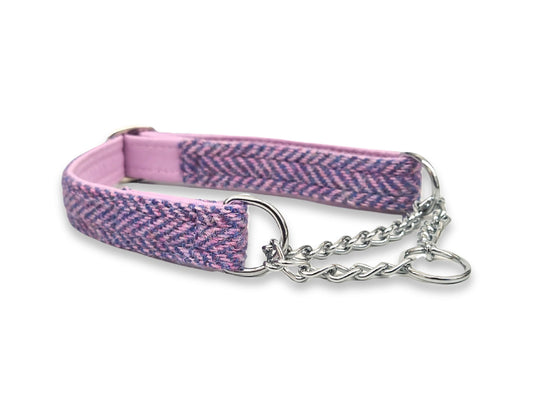 Lilac and blue herringbone martingale half choke dog collar handmade in Yorkshire for gentle control and stylish walks