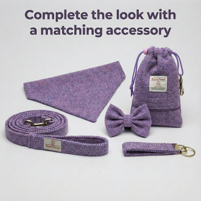 Purple pet accessory set including a leash, bow tie, and pouch on a light gray background.