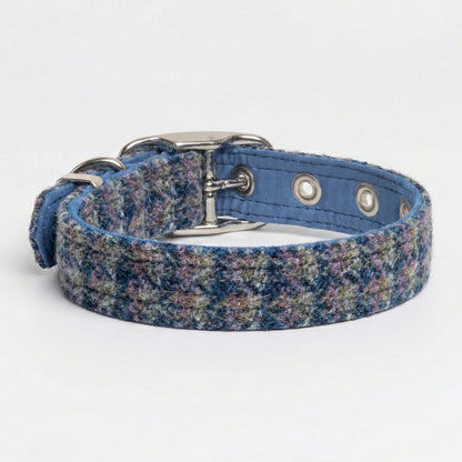 lilac and blue small check tweed buckle collar rear view 