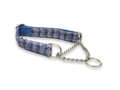 Lilac and blue small check tweed half choke dog collar with martingale design handmade in Yorkshire for gentle no-slip control and comfort