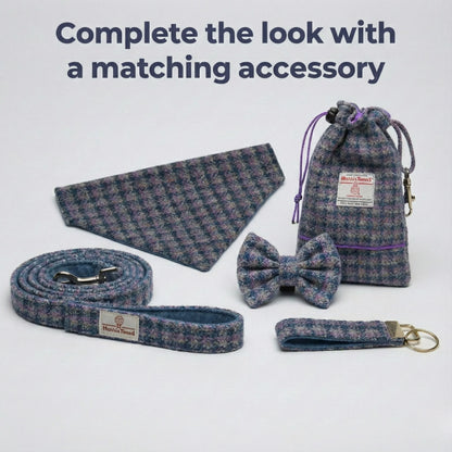 Harris Tweed pet accessories including a bow tie, leash, and pouch on a white background.