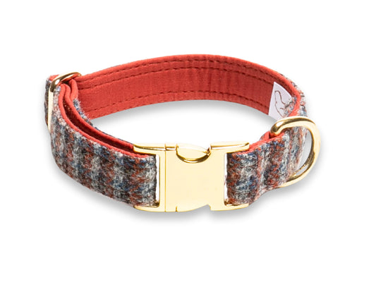 Multi Check Blue, Orange & Grey Luxury Harris Tweed Dog Collar by Collared Creatures