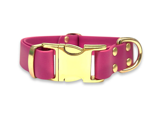 Magenta Biothane clasp collar – water-repellent, odour-free, non-stretch and built for muddy adventures – by Collared Creatures