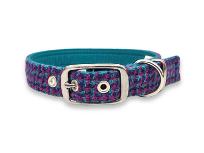 Magenta, Violet & Teal Houndstooth -Buckle Fastening Luxury Harris Tweed Dog Collar