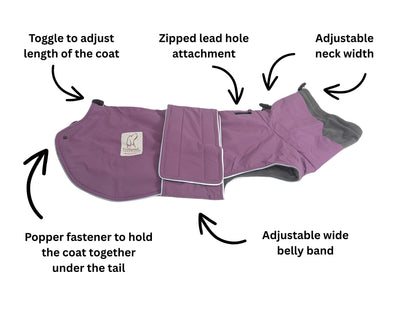 magenta waterproof dog coat with features labelled on a white background