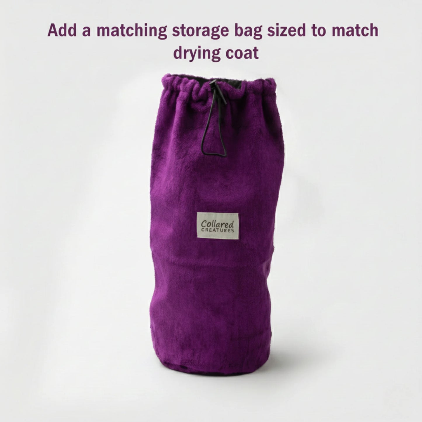 Purple storage bag with a label on a white background