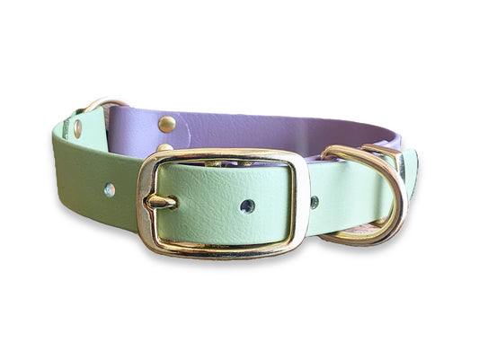 Mauve & Guacamole Green Multicolour waterproof Biothane dog collar – odour-free, flexible and perfect for outdoor dogs - front view – by Collared Creatures