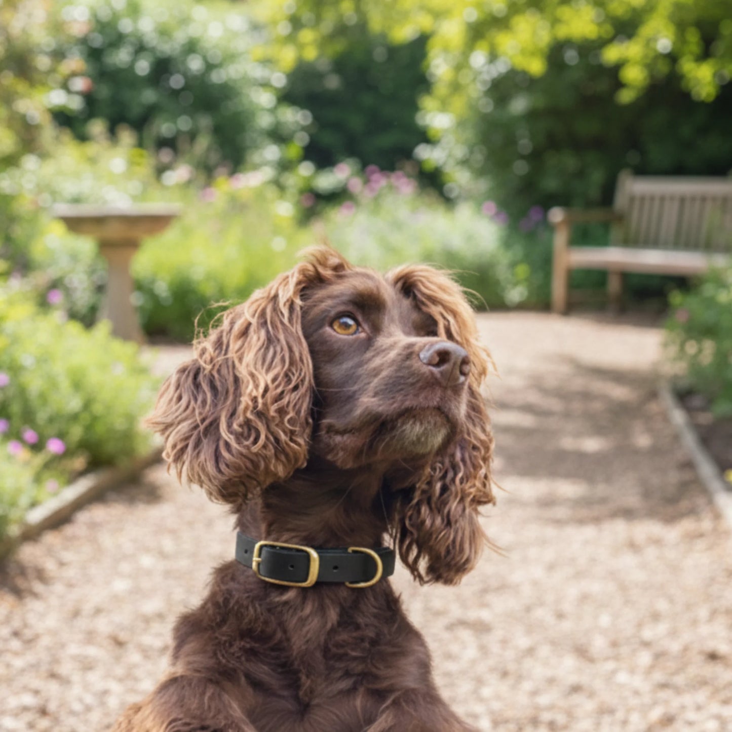 Brown dog with a black collar sitting in a garden