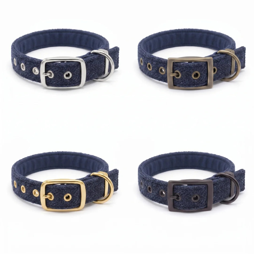Midnight Blue Herringbone - Buckle Fastening Luxury Harris Tweed Dog Collar