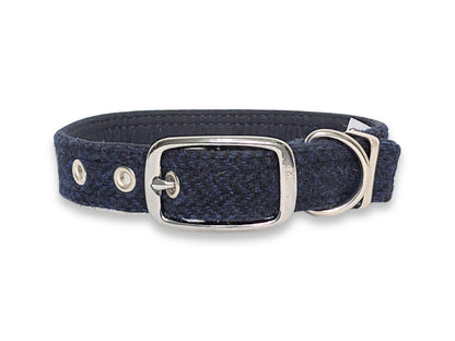 Midnight Blue Herringbone Luxury Harris Tweed Dog Collar by Collared Creatures - Traditional Luxury Bespoke Harris Tweed Dog Collar UK, Stylish Design, Available in Multiple S/M/L/XL