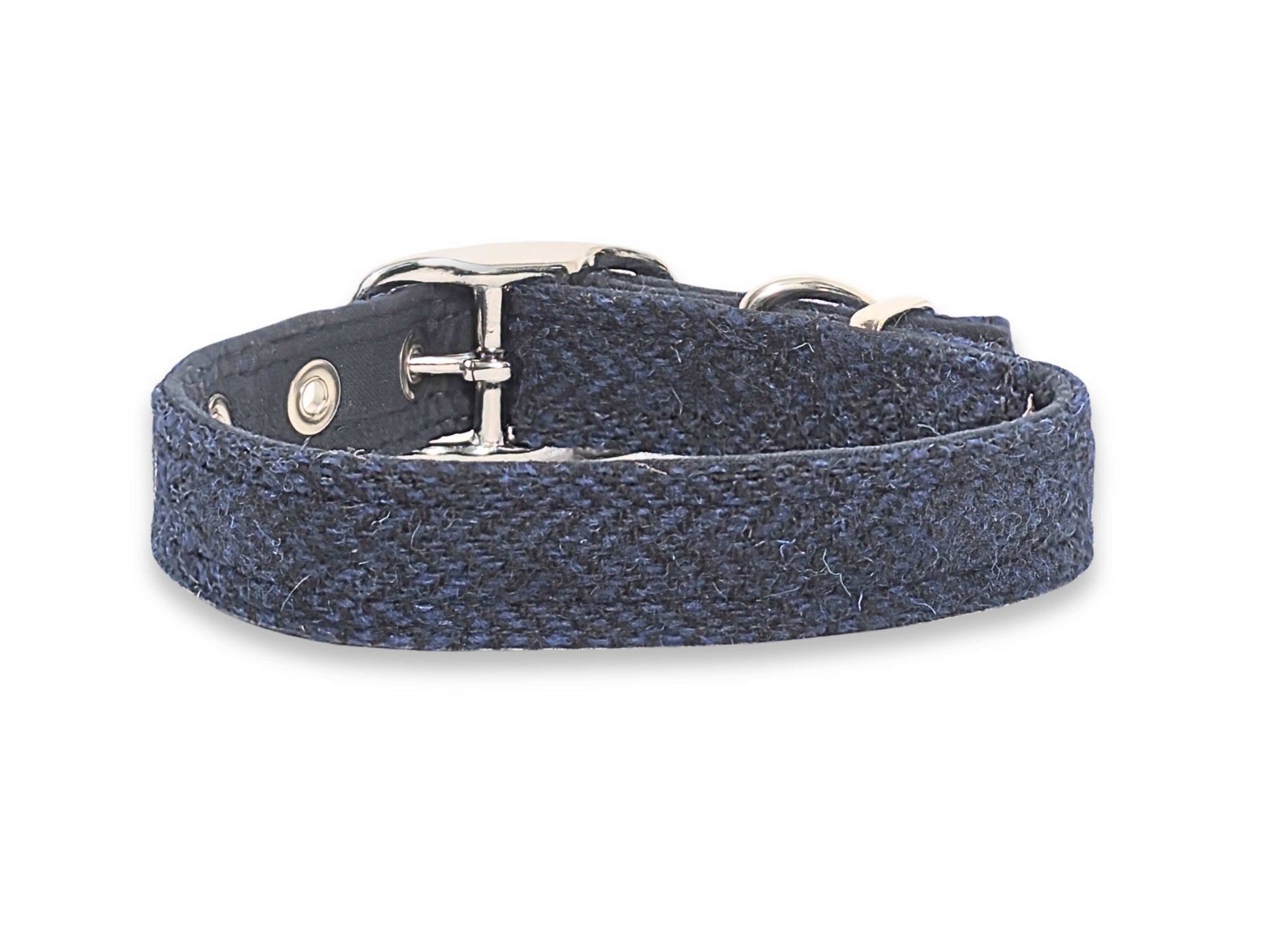 blue and black herringbone buckle tweed collar back view