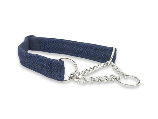 Midnight blue tweed martingale dog collar with half choke for gentle control, handmade in the UK
