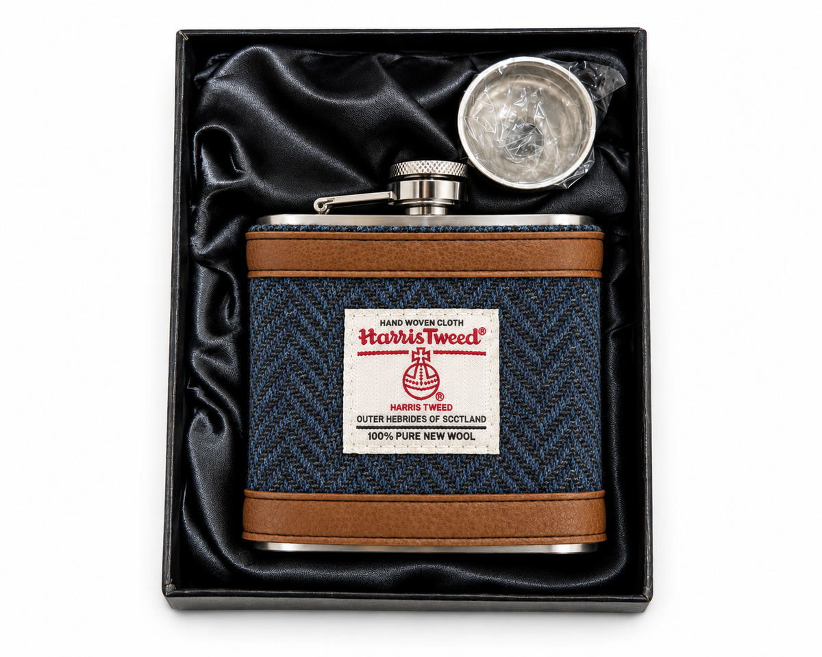 midnight blue harris tweed hip flask