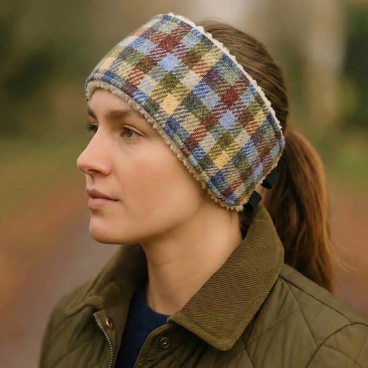 lady wearing country check harris tweed head band