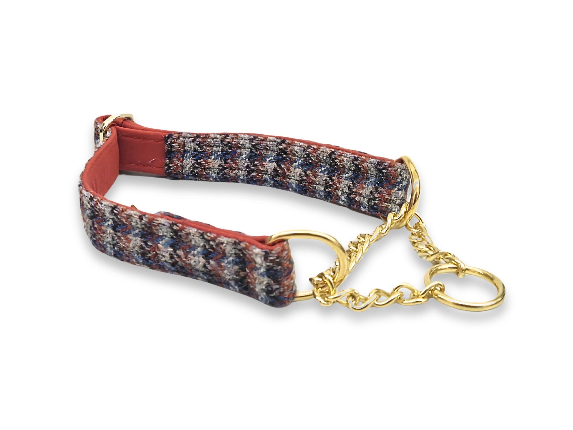 Blue orange and grey check martingale dog collar handmade in the UK with tweed fabric and soft cotton lining for secure, gentle walking control