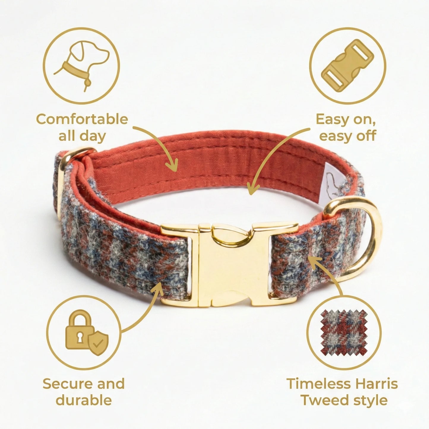 Multi Check Blue, Orange & Grey Luxury Harris Tweed Dog Collar - Collared Creatures LTD