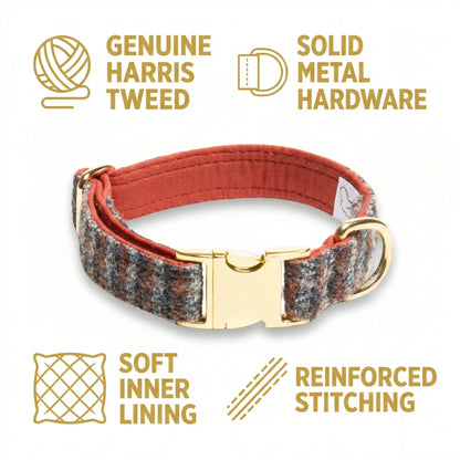 Multi Check Blue, Orange & Grey Luxury Harris Tweed Dog Collar - Collared Creatures LTD