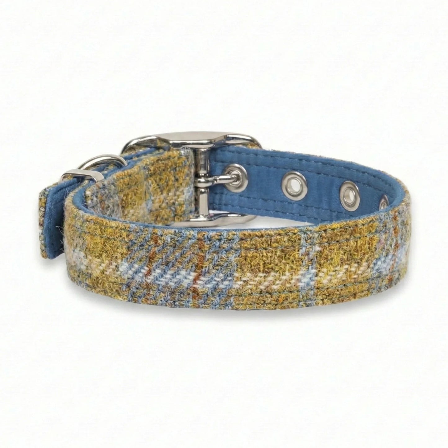 mustard and blue check tweed buckle collar rear view on white background